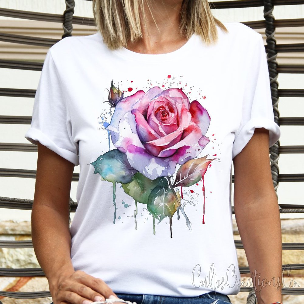 Dripping paint Watercolor rose design womens short sleeve tee shirt
